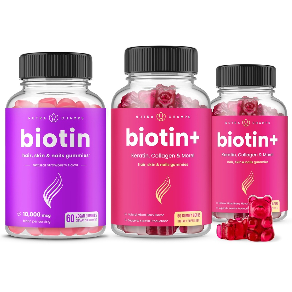 NutraChamps Kompletné Biotin Bundle pre vlasy, kožu a nechty. Biotín a biotín+