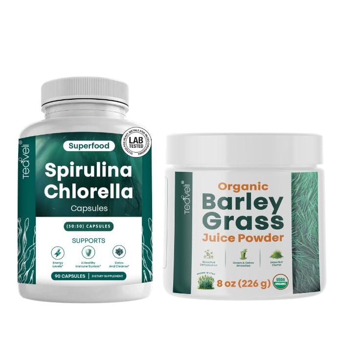 Teaveli Spirulina a Chlórella Kapsule a Orgaic Jačmeň Tráva Juice Powder Bundle