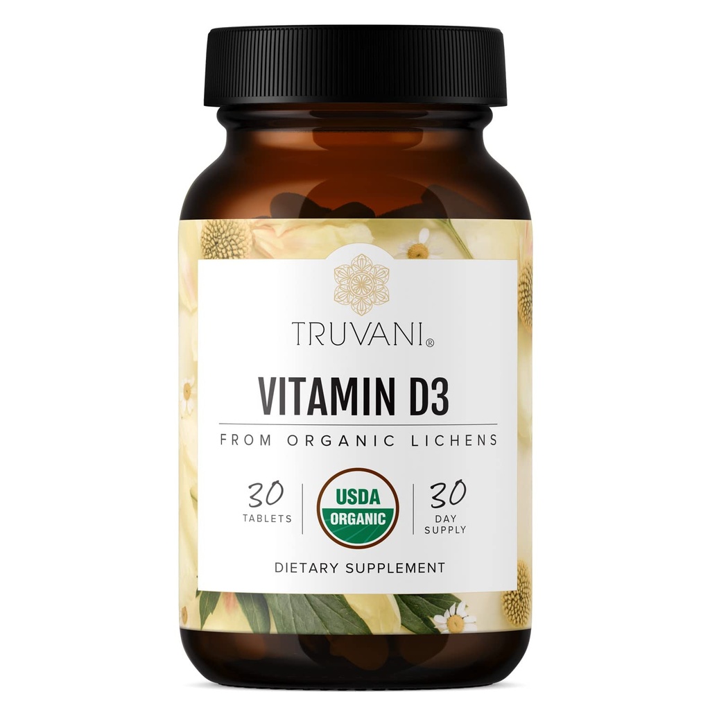 Truvani Organic Vitamin D3 - Rastlinné-Na základe, USDA Organic, Gluten-Free, non-GMO, Vegan D3 Supplement - Podpora Bone, Immune & Brain Health - 30 tabliet