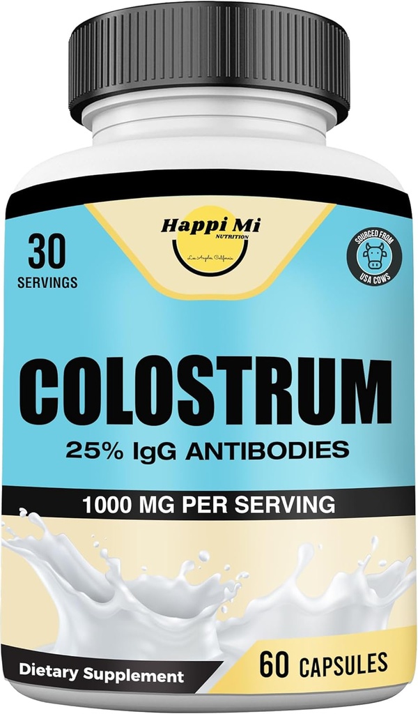 Colostrum Capsules 1000mg Per Serving - US Sourced, 25% Immunoglobulin for Immune Support & Gut Health, 60 Capsules, 30 Servings