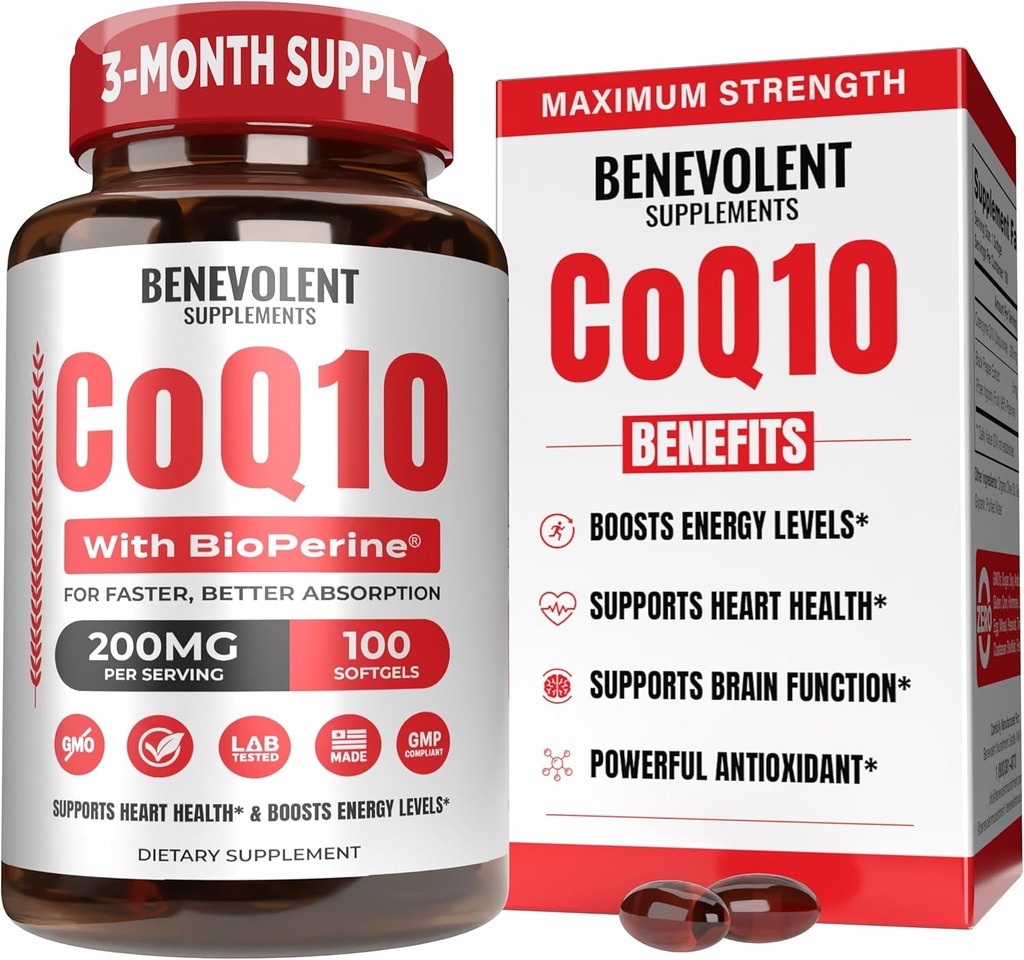 Benevolent Pure CoQ10 200mg Softgels with BioPerine® for Max Absorption, Ubiquinone Coenzyme Q10 Supplement for Heart Health, Energy Production, Healthy Aging & Antioxidant Support, 100 Softgels