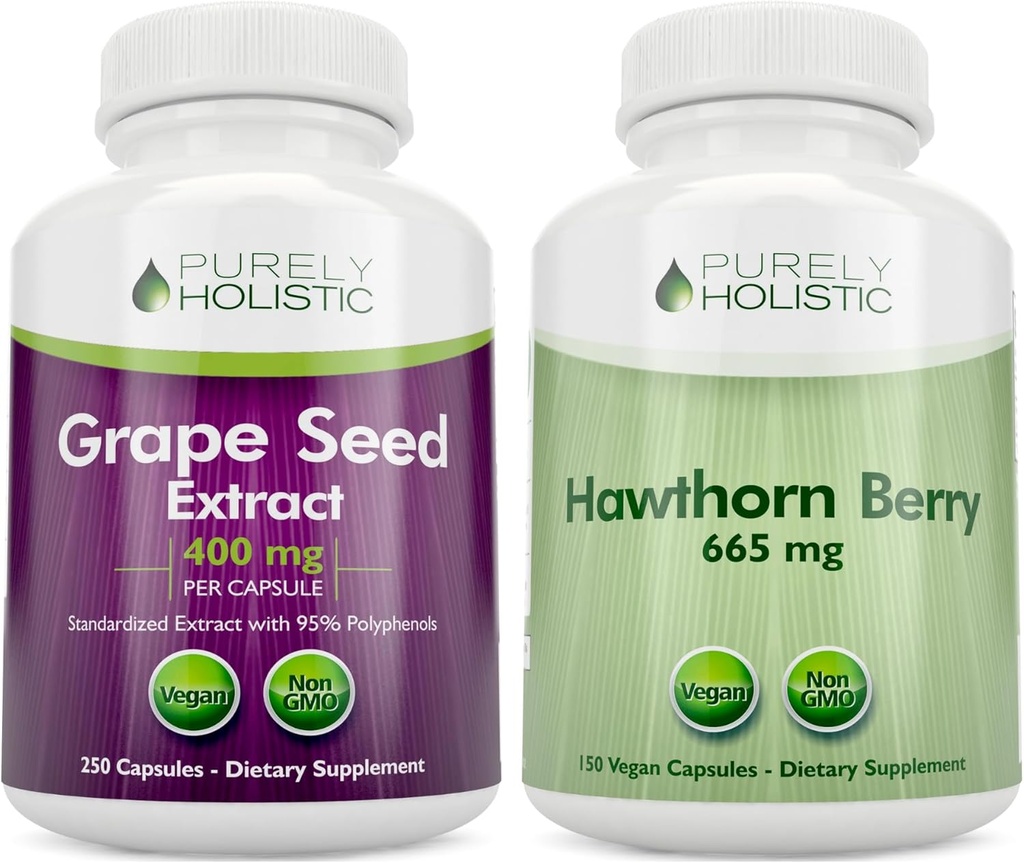 Purely Holistic Grape Seed Extract 400mg + Hawthorn Berry 665mg Bundle - 400 Vegan Kapsule - Made in USA