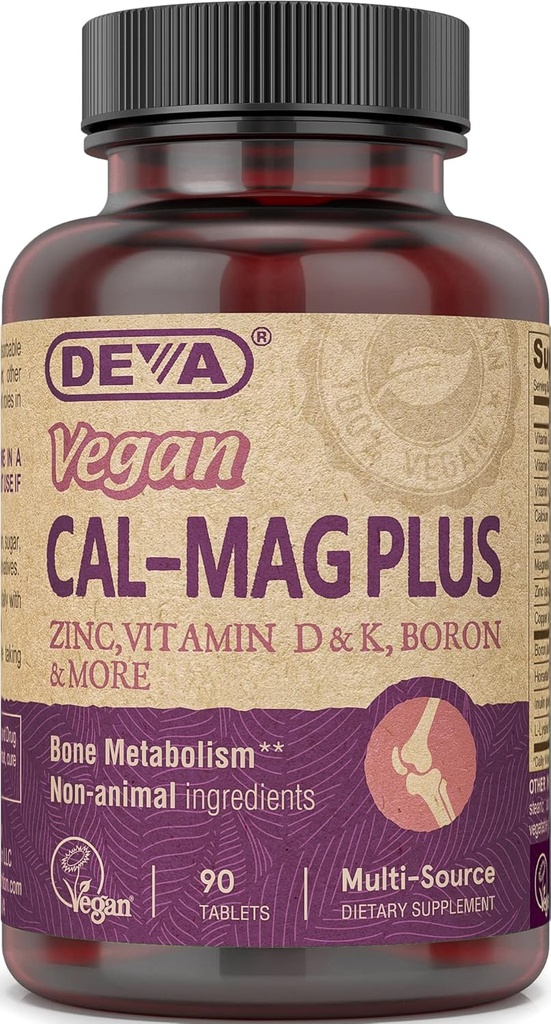 Deva Vegan Cal MAG Plus doplnok s vápnikom, horčíkom, zinkom, bórom, vitamínom C, D & K, 90 tabliet, 12-pack
