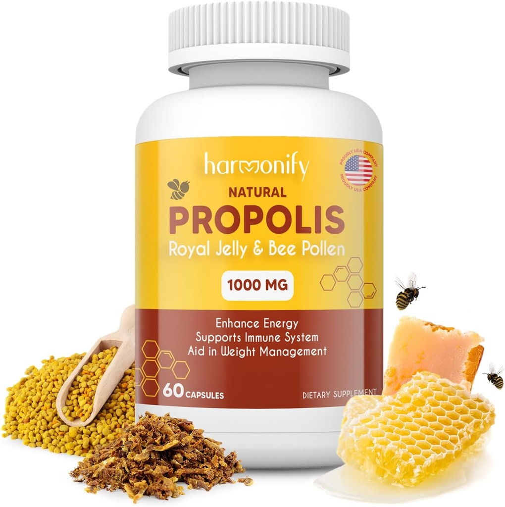 Včela Pollen Propolis Royal Jelly Extract s karobom, Pure Immune Suplement, Gluten-Free, Vegetariánske kapsuly, 1000 mg