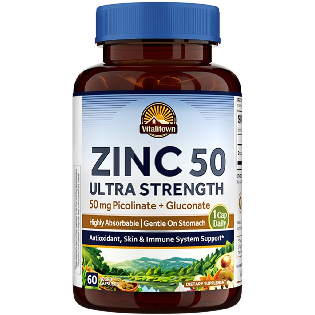 Vitalitown Pridružený zinok 50 mg, Pikolinát zinočnatý a glukonát, 60 Veggie Kapsule, Well-Absorbed, Immune System, Healthy Skin & Development, Vegan, NO Gluten, Non-GMO