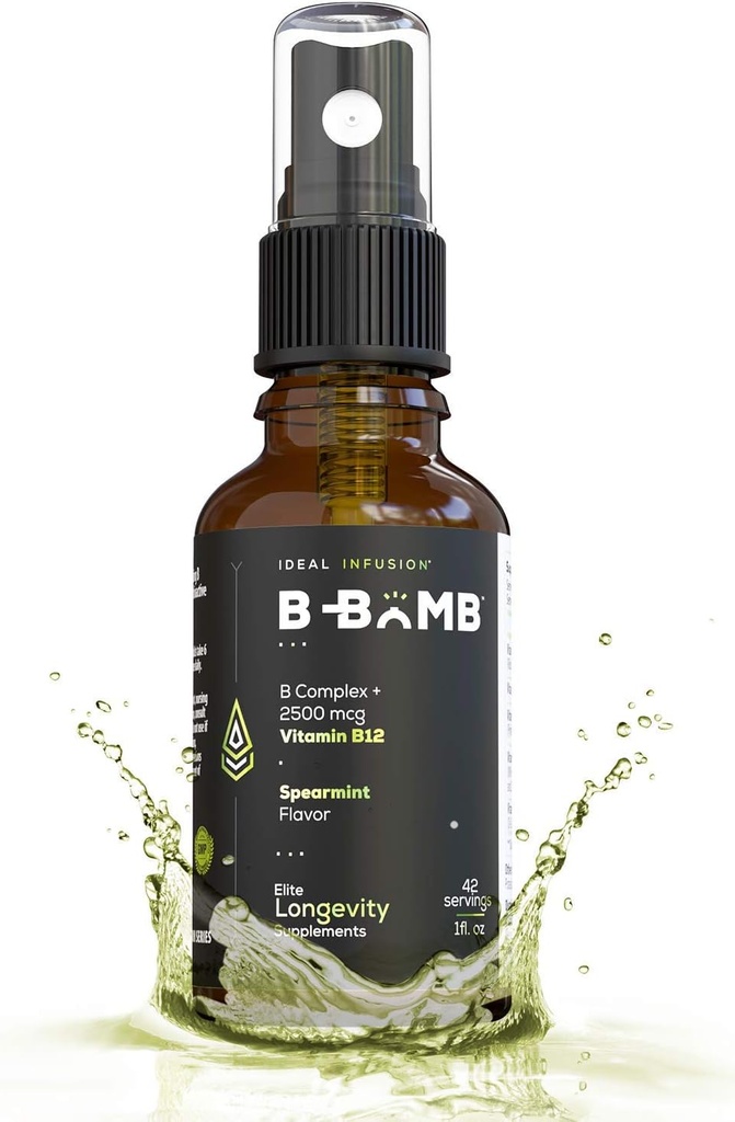 B-Bomb vitamín B12 + B komplexný tekutý roztok: metylkobalamín s adenozylkobalamínom: podpora energie a nálady, bez cukru, Vegan, Organic Spearmint Flavor