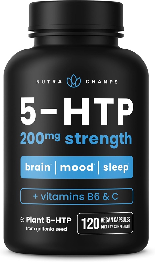 NutraChamps 5- HTP 200 mg, 120 Vegánskych kapsúl, Pure 5HTP 100mg Plus Spolu-Faktory Vitamín B6 a vitamín C