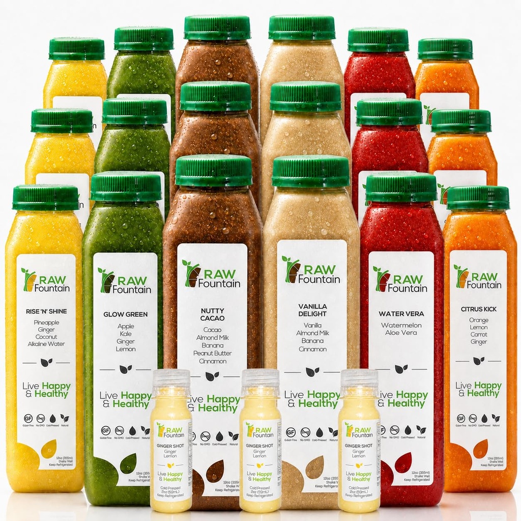 3 Denná bielkovinová šťava čistí Raw Fountain, All Natural Raw Detox Cleanse, Cold Pressed Fruits, Zelenina, Vanilková a čokoládová príchuť, Chutné a energetické, 18 Fľaše 12oz, 3 Zázvorové výstrely