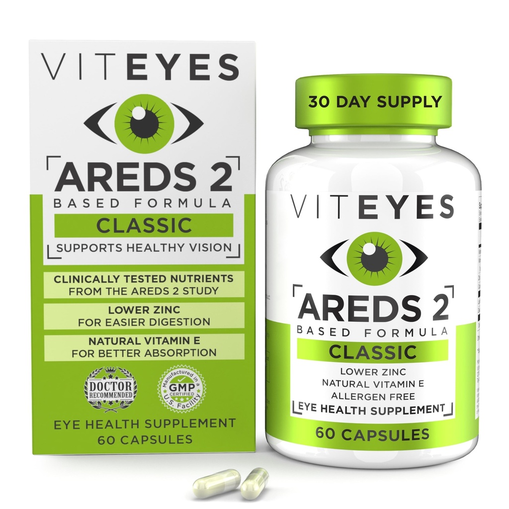 Viteyes AREDS 2 Očné vitamíny, Classic Macular Support, Allergen Free Capsules, s prírodným vitamínom E, vitamín C, zinok, meď, luteín a zeaxantín, očný lekár dôveryhodný, vyrobené v USA, 60 Ct