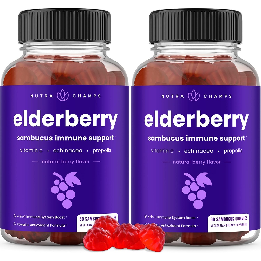 NutraChamps Elderberry Gummies, Sambucus Elderberry Gummies pre dospelých a deti, vitamín C, Propolis a Echinacea, Max Strength Immune Support Gumies, Natural Berry Flavor, 120 Gummies (Pack of 2)