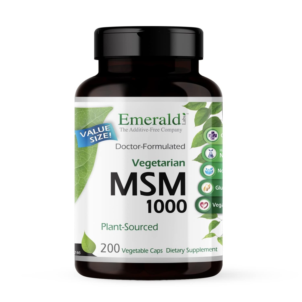 EMERALD LABS MSM 1000mg - Joint, Liver & Immune Suplement with Methylsulfonylmethane - Gluten-free & Additive-Free - 200 Rastlinné kapsuly (Až 100-Deň dodávky)