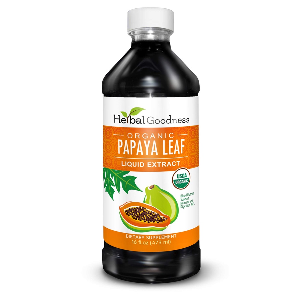 Bylinné dobroty Papaya Leaf Extract Podpora krvných doštičiek - 15X Krvné zvýšenie krvných doštičiek, Bone Marrow & Spleen Support, Immune & Gut Health, Digestive Enzyme - Organic Kosher 16 oz Liquid Extract