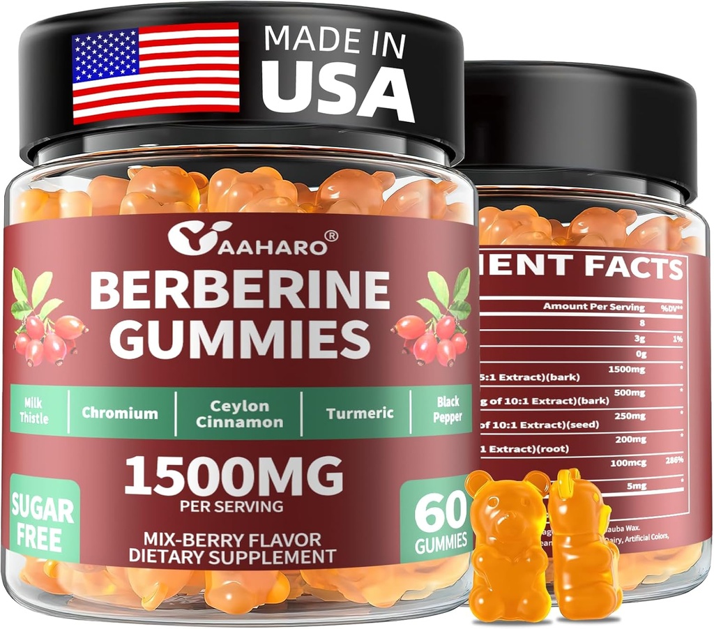 Berberine s ceylon škorica Gumies - 1500mg Berberine HCI Supplement with Chróm, Turku a mlieko bodka - Imunitná podpora - pre ženy a mužov - 60 bez cukru Gummies