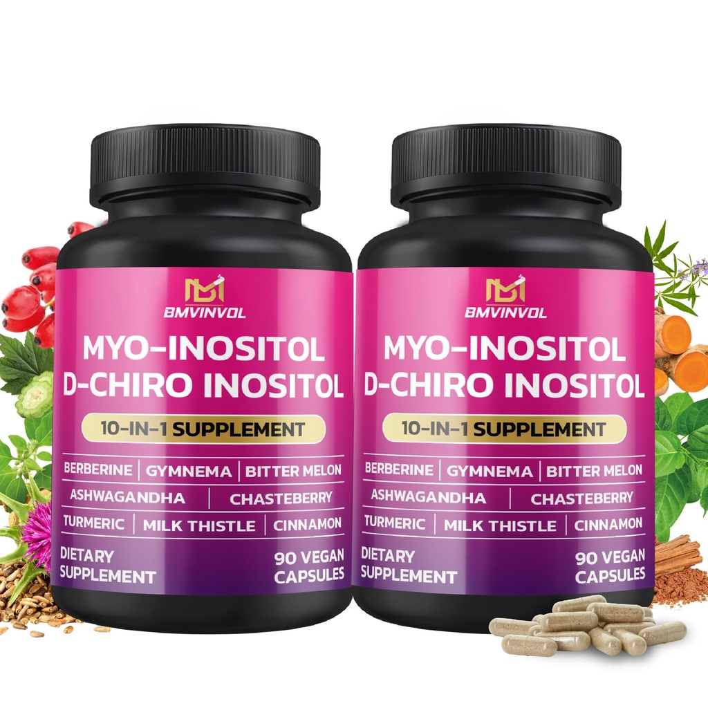 BMVINVOL 2 balenie Inozitol Supplement-Myo-Inositol a D-Chiro Inositol Ideal 40:1 pomer - Plus Berberine, škorica, Ashwagandha+5 Viac-60 dní
