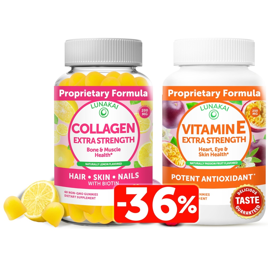 Lunakai Collagen a vitamín E Gumies Bundle - Non-GMO proti starnutiu doplnkov pre mužov a ženy - Prírodné Gumičky s vitamínom C & 250 mg prírodné VIT E