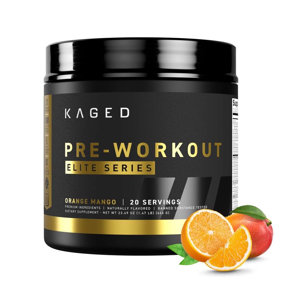 Kaged Pre Workout Powder Pre-Workout Elite pre mužov a ženy, High Stimulant for Energy, Focus, Čerpadlá, L-Citrulín, Beta Altanine, Creatin & 388mg Organic Caffeine, Orange Mango