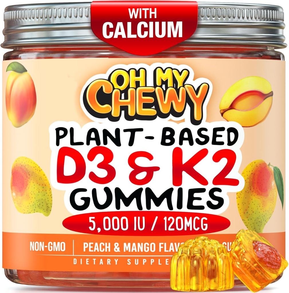Vitamín D3 K2 Gummy - Deti, dospievajúci a dospelí - Doplnok pre zdravé zuby, kosti, energiu a imunitu - 5000 IU D3, 120 mcg K2 (MK-7), 120 mg vápnika - Vegan a non-GMO - 60 Počet