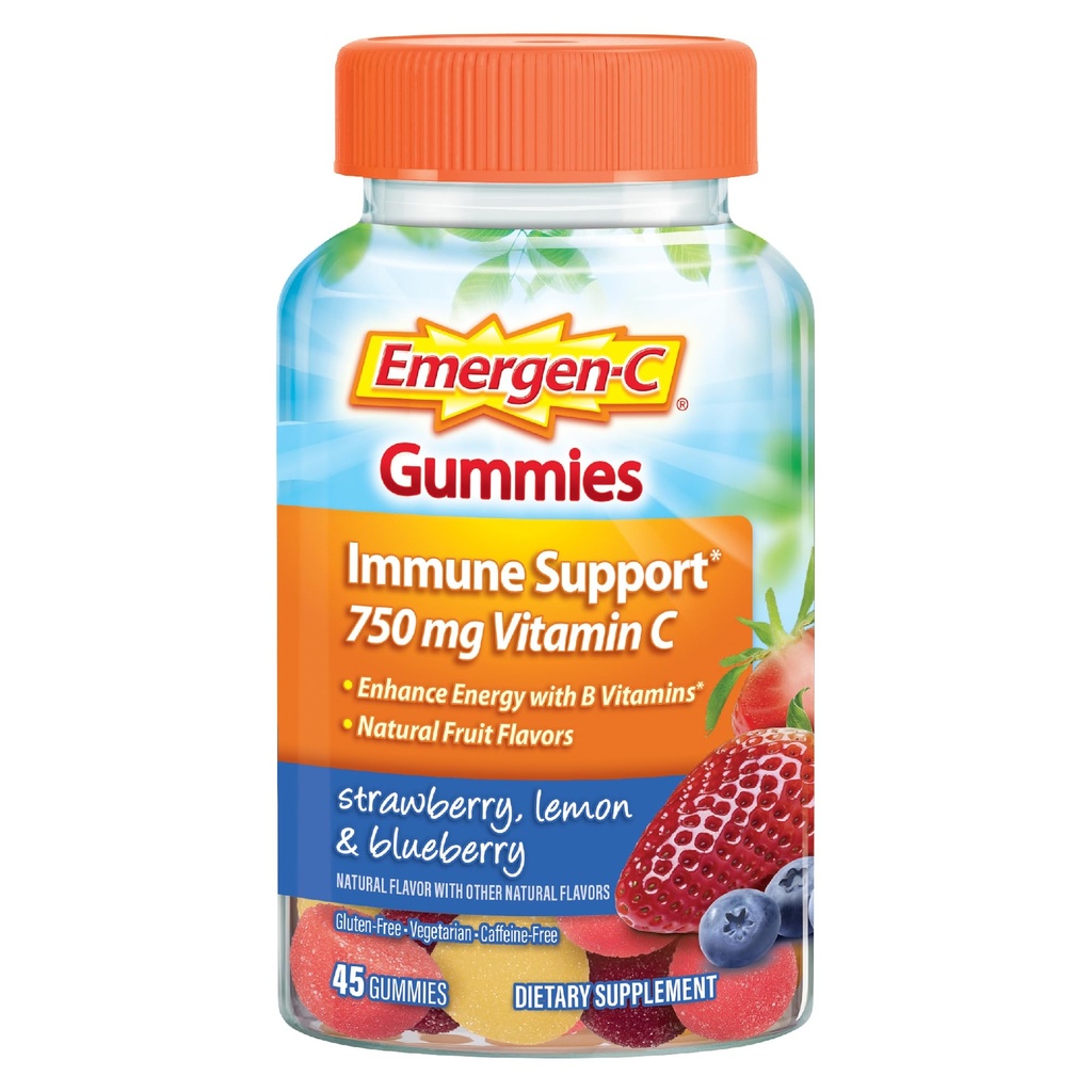 Emergen- C 750mg vitamín C Gummy pre dospelých, Imunitná podpora Gummy, bezlepok, Strawberry, citrón a čučoriedkové príchute - 45 Počet