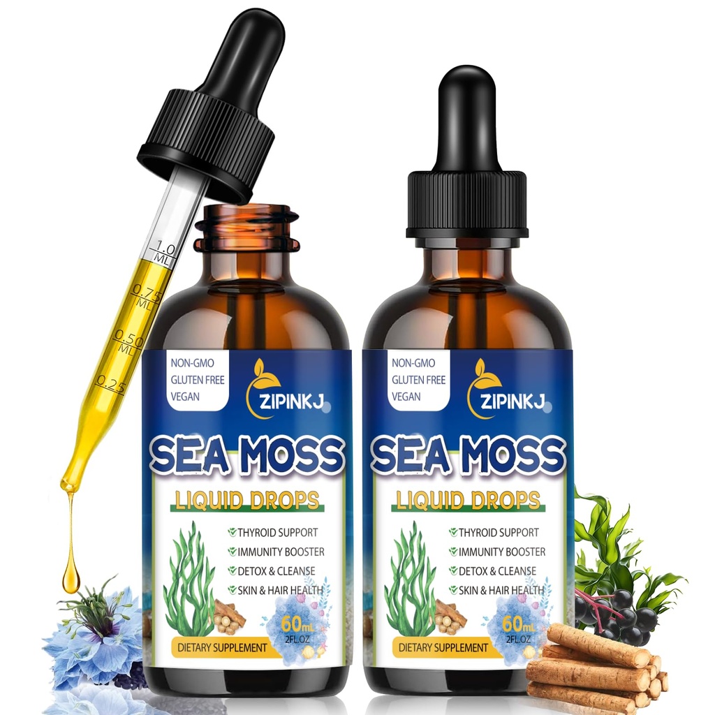Organické Sea Moss kvapky, 11 v 1 Black Seed Oil & Irish Liquid Sea Moss Gel Ashwagandha Burdock Root, Spirulina, Bladderwrack, Elderberry for Digestion, Imunity, Skin Hair Health, Non-GMO - 4 Fl Oz