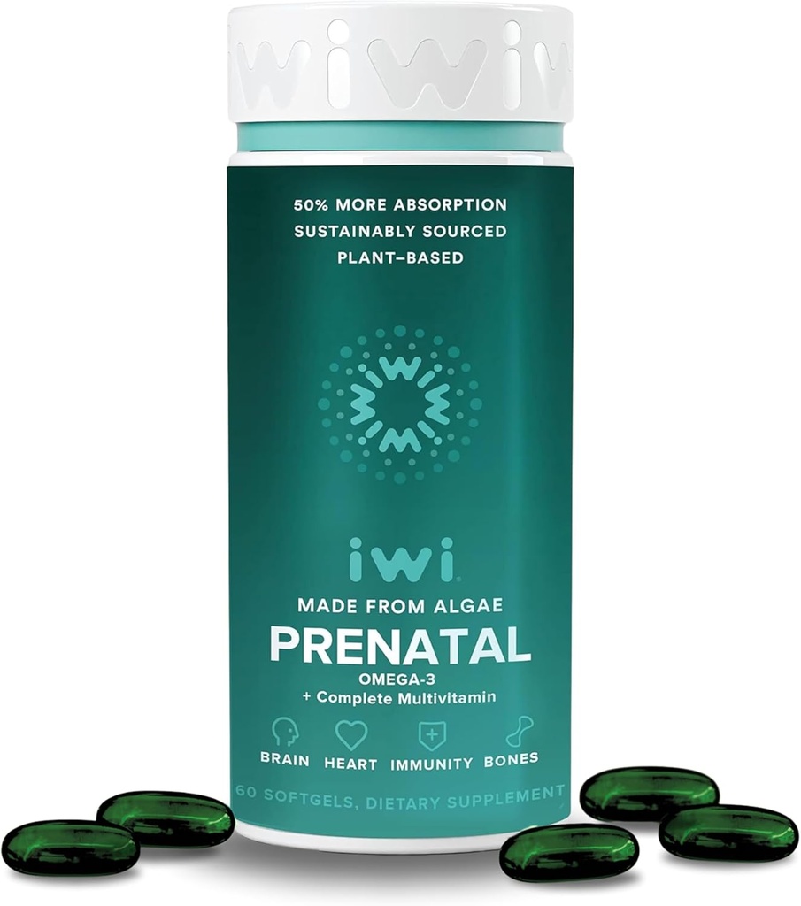Iwi Life Prenatal Multivitamín, 60 Softgels (30 Servings), Vegan, Plant-Based Algae Omega 3 s EPA + DHA, Folát, Železo, Vitamín A, B12, C, D3, Vápnik, Tehotenstvo Dietary Supplement for Mom & Baby