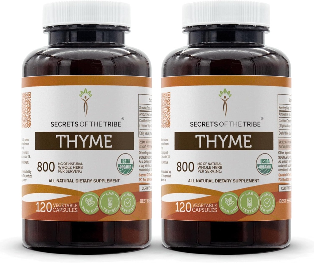 Tajomstvá The Tribe Tyme 2x120 Kapsule, vyrobené s rastlinnými kapsulami a USDA Organic Thymus Vulgaris Toni Effect (2x120 Kapsule)