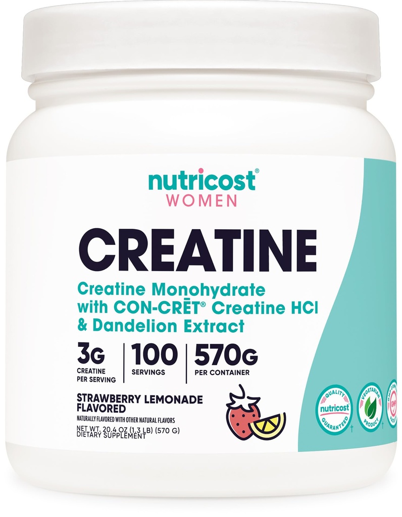 Nutricost Monohydrát kreatinínu Prášok pre ženy, mikronizovaný, jahodová limonáda, 100 slúži - vegetariánska, non-GMO, bez lepku