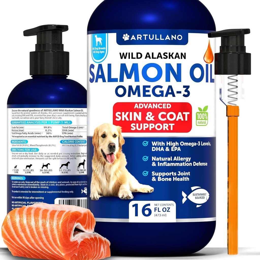 Lososový olej pre psy - Omega 3 pre psy - 16 FL Wild Aljašský losossky rybí olej - Natural EPA & DHA Mastné kyseliny pre kožu a kožu, alergie, kĺbu a kosti zdravie - Liquid Suplement for Shedding