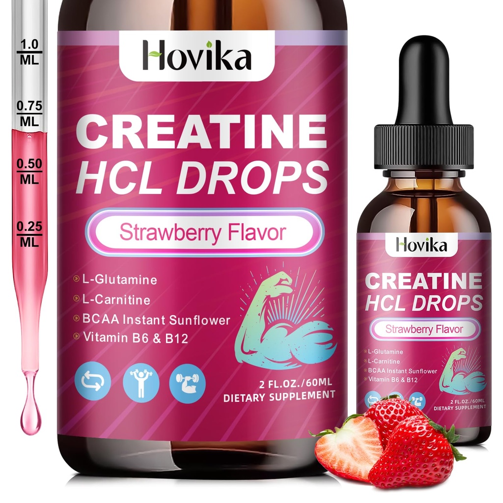 Kreatín HCL Tekuté kvapky pre mužov a ženy, Kreatín Hydrochlorid s L-karnitín, L-glutamín, BCAA, Vitamín B12 & B6 pre rast svalov, Podporovať energiu a obnovu-Vegan, Jahodová aróma, 2 Fl Oz