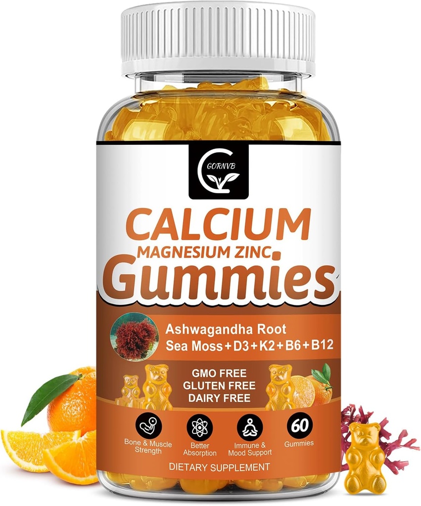 1200mg Vápnikové guličky s vitamínom D3,K2,B12 a B6 - Rastlinný komplex kalcium Magnézium Supplement with Glycinate,Potasium,Sea Moss,Ashwagandha Root for Bone & Teeth sila, svalová a imunitná