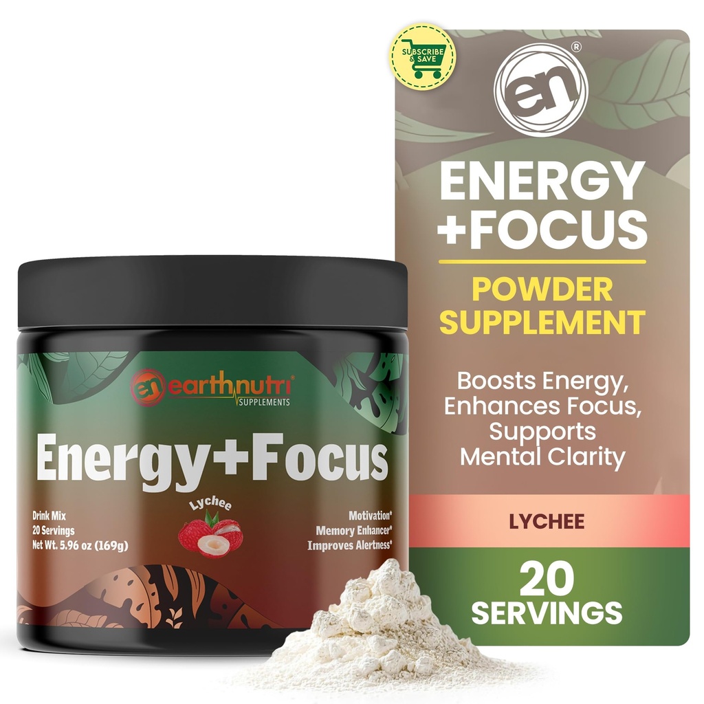 EarthNutri Energy + Focus Powder Supplement - Energy Boost & Helps Concentration with PeakO2, AlphaSize, Cognizin, PurCaf, Theacrine, Acetyl L-Carnitine L-Tyrosine - Lychee Flavor - 20 Servings (171g)