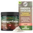 EarthNutri Energy + Focus Powder Supplement - Energy Boost & Helps Concentration with PeakO2, AlphaSize, Cognizin, PurCaf, Theacrine, Acetyl L-Carnitine L-Tyrosine - Lychee Flavor - 20 Servings (171g)