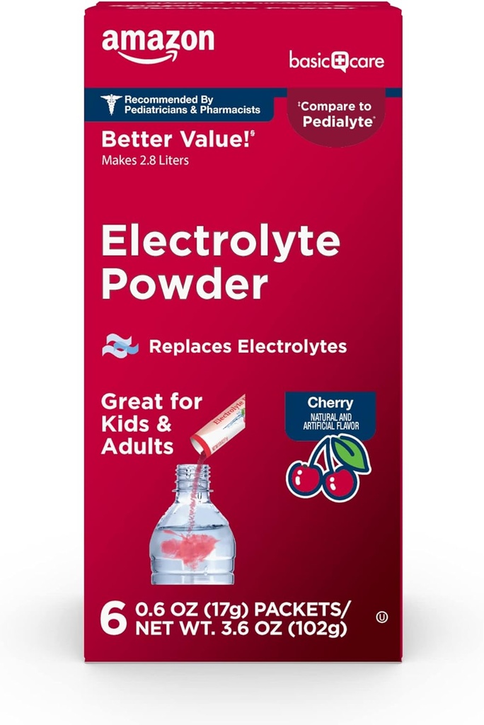 Základná starostlivosť Elektrolytové práškové balíčky pre deti a dospelých, Cherry Flavor, 6 počet (Pack of 1)