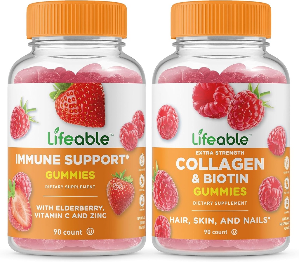 Lifeable Immune Support + Collagen & Biotin, Gummies Bundle - Veľká chuť, vitamínové doplnky, bez lepidla, bez GMO, Žuvacia Gummy