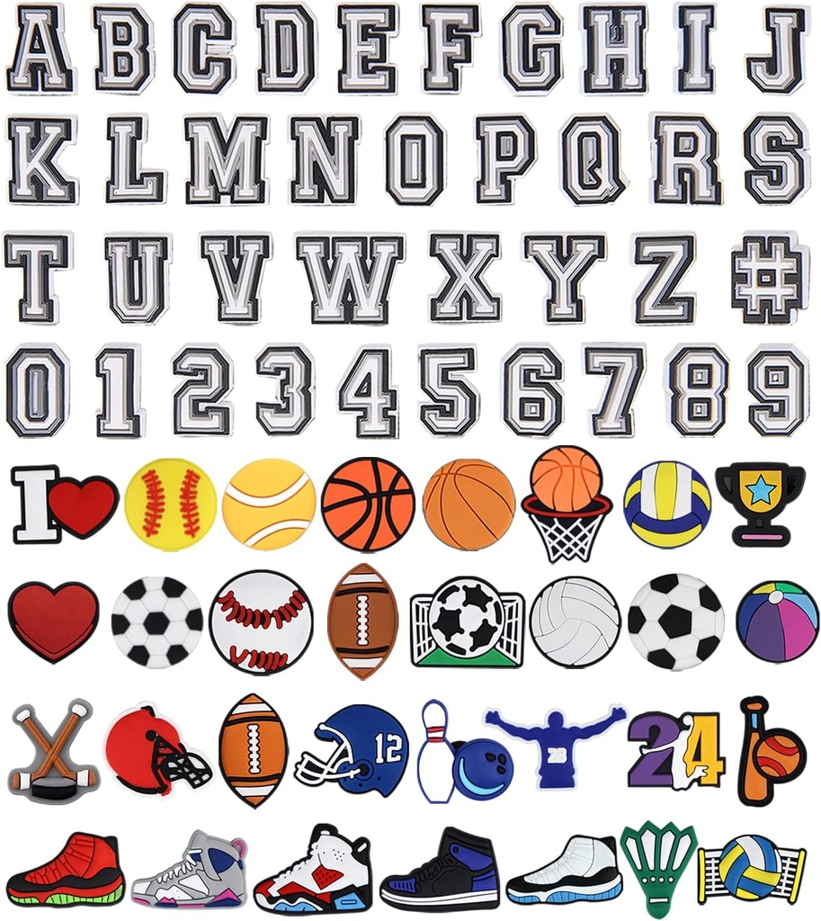 Písmená Čísla a športové dekorácie Charms, Basketbal Baseball Hockey Softball Futbal darčeky pre chlapcov deti dospievajúcich a dospelých