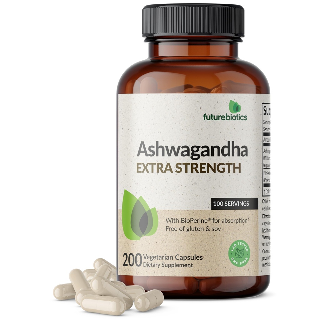 Futurebiotiká Ashwagandha Extra sila Stres a podpora nálady s bioprénom - Non GMO Formula, 200 Vegetariánske kapsule