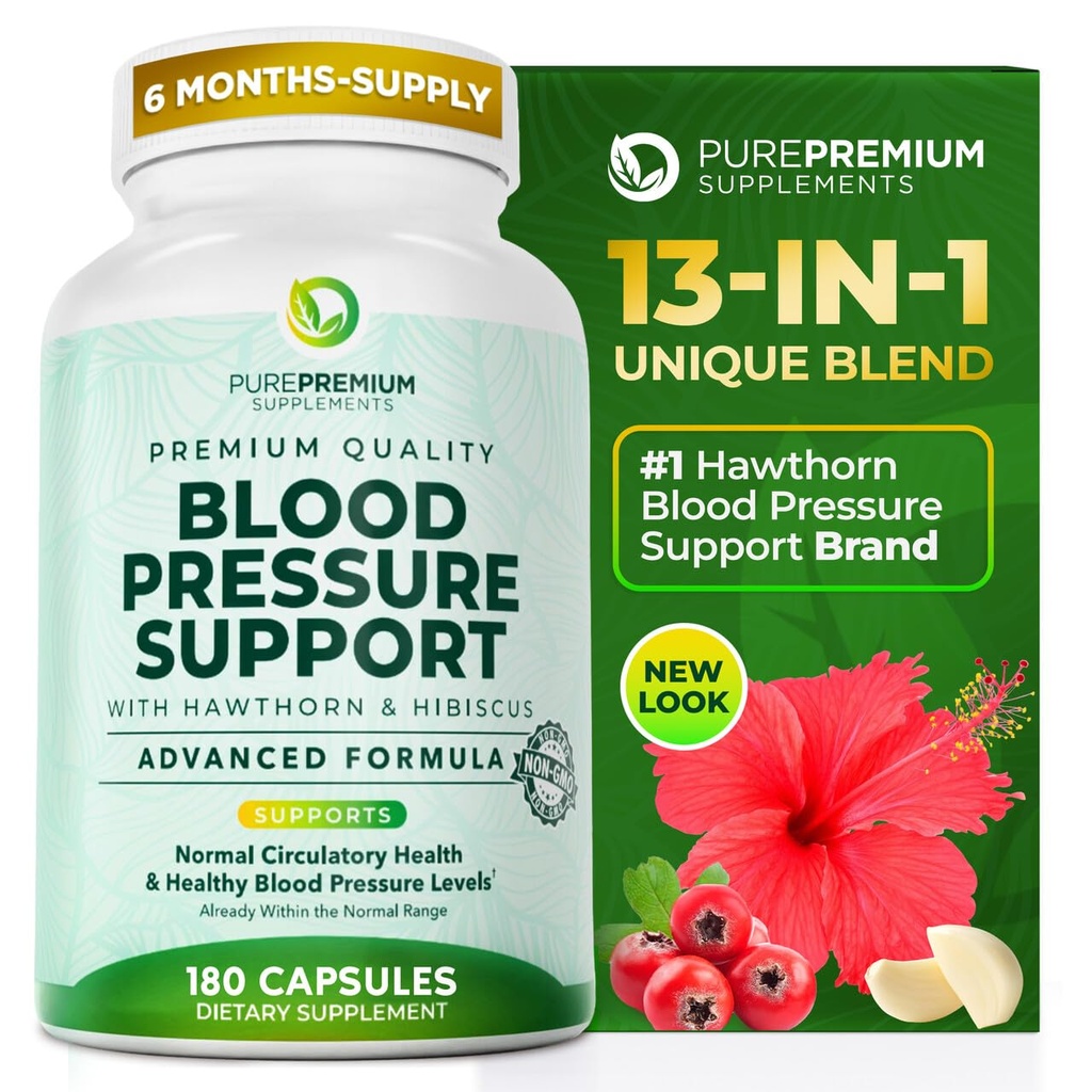 PurePremium Krvný tlak Doplnky s Hawthorn Berry, Hibiscus, Cesnak a vitamín B12- Oxid dusnatý Doplnkové pre normálne zdravie srdca, Obehové zdravie a podpora krvného tlaku - 180ct