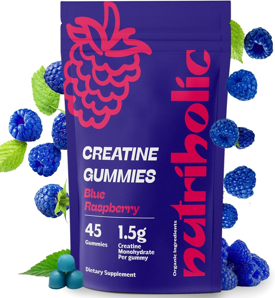 Monohydrát kreatínu Gummy pre mužov a ženy - Ľahko sa dá vykopať, Vegan, Gluten-free, non-GMO, 1,5 g kreatínu na Gummy - 45ct (45 gróf, Modrá malina)