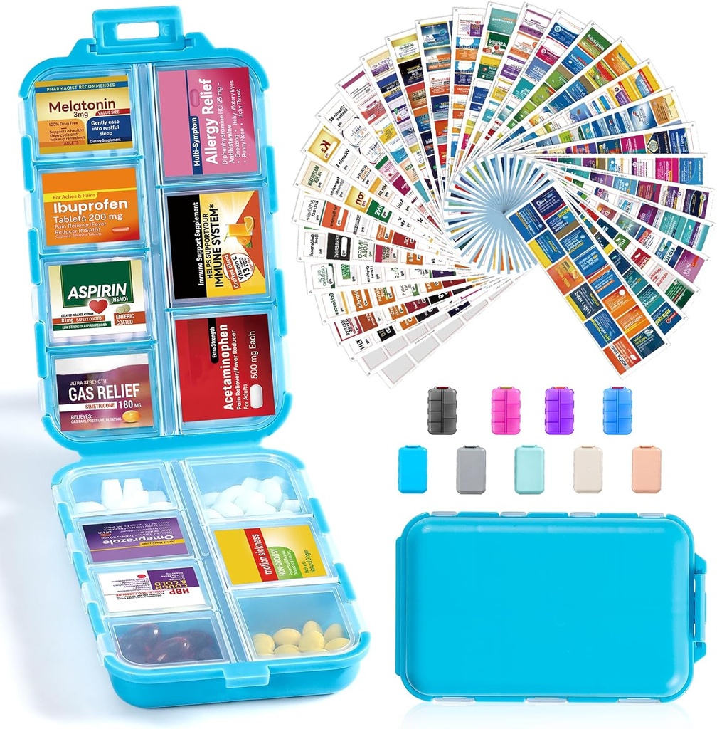 14 Mriežky Cestovné pilulky Organizátor box s 415-Pcs Názov lieku Etikety - Pocket Daily Pharmacy Case Kontajnerová súprava - Travel Mediciation Holder Dispenser for Fish Oil Vitamín Supplement Storage - Blue