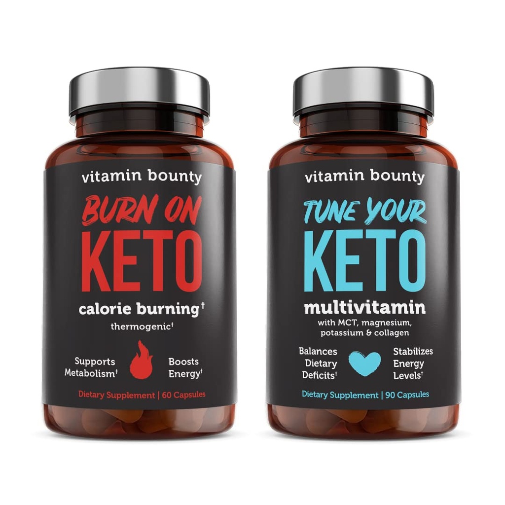 Vitamín Bounty Tune Keto a Burn na Keto Bundle - Keto Multivitamín, Kalórie pálenie pre ženy a mužov, Premium Malinová Ketones, Energetická podpora - Bundle 60 Kapsule Každá