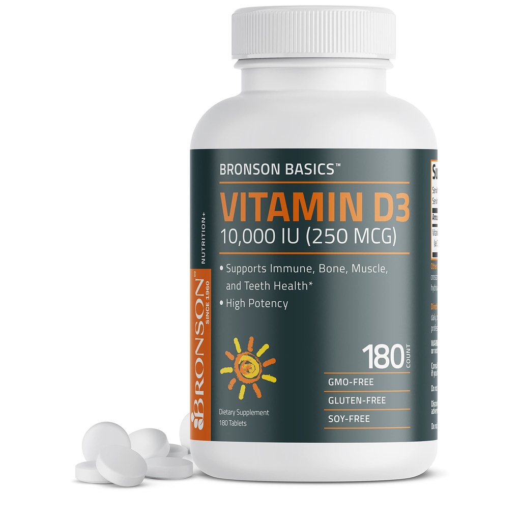 Bronzon vitamín D3 10 000 IU (250 MCG) pre zdravú funkciu svalov a imunitnú podporu, bez GMO, 180 tabliet