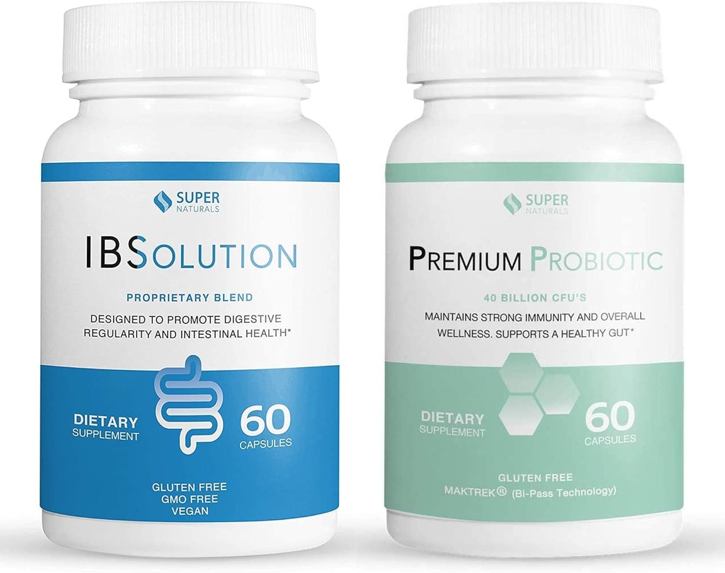 IBSolution Gut Health Bundle - All Natural Gut Health Support & Premium Probiotics w/ 40 Milión CFU na podporu nepravidelných bowelov, Bloating, Zápcha, Plyn, Bolesť brucha - 2 balenia (120 Caps)
