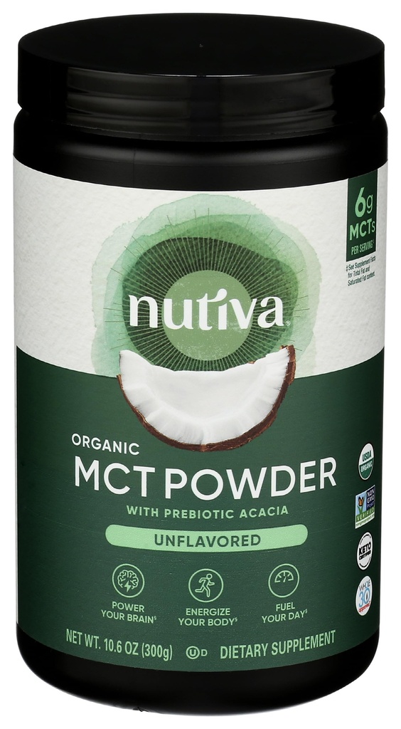 Nutiva Organic MCT Prášok s prebiotickou akácia Fiber, Classic, 10.6 Oz, USDA Organic, Non-GMO, non-BPA, Vegan, Gluten-free, Keto & Paleo, Instant Nápoj alebo Boost na kávu a smoothies