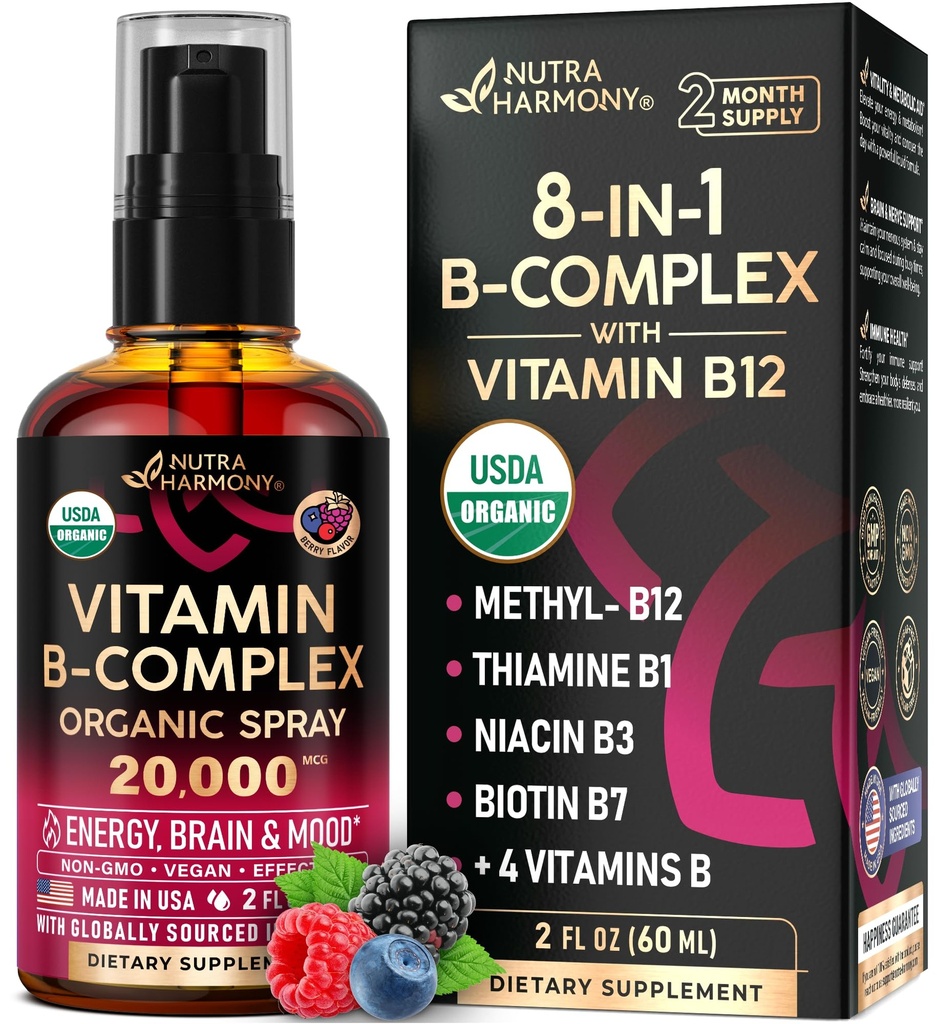 USDA Organic Vitamin B- Complex Liquid Spray 8-in-1 - B5 Kyselina pantoténová 