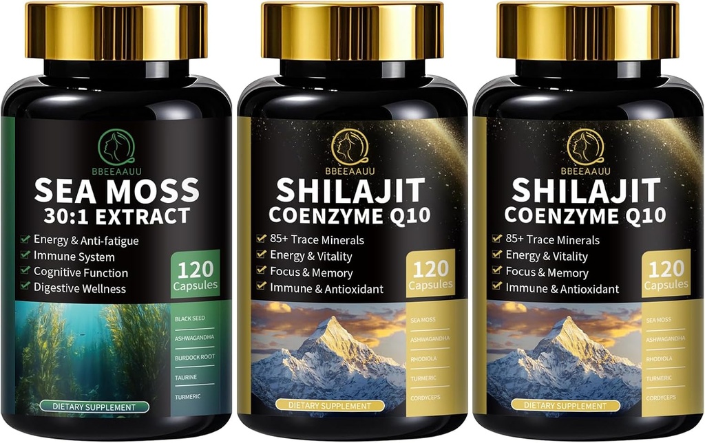 Sea Moss and Shilajit Kapsule pre Muži a ženy, všetko v 1 Doplnky s Shilajit, Sea Moss, Koenzým Q10, Black Seed, Ashwagandha, Burdock pre energiu, Antioxidant a imunitná podpora