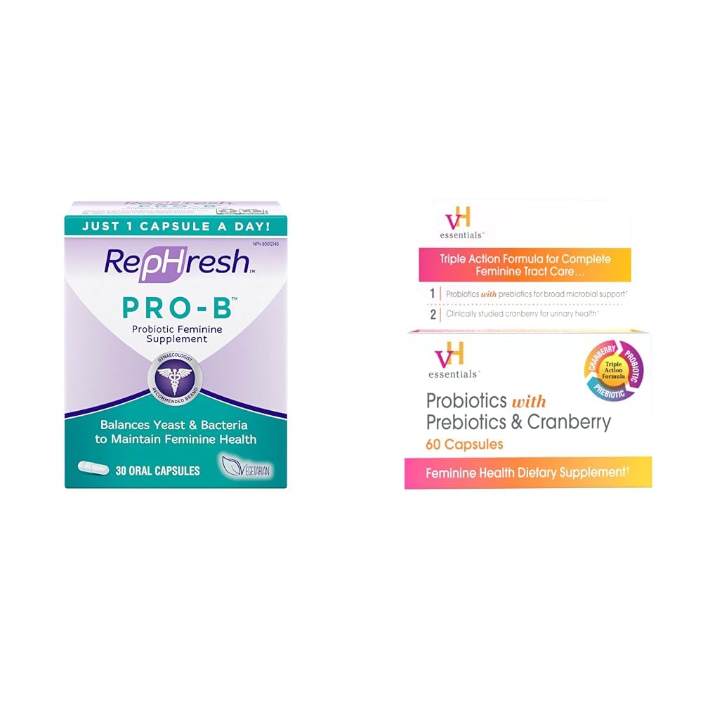 Rephresh Pro-B Probiotic Supplement for Women, 30 perorálne kapsule & vH Essentials Probiotiká s prebiotikami a brusnicou Feminine zdravotné doplnky - 60 kapsúl
