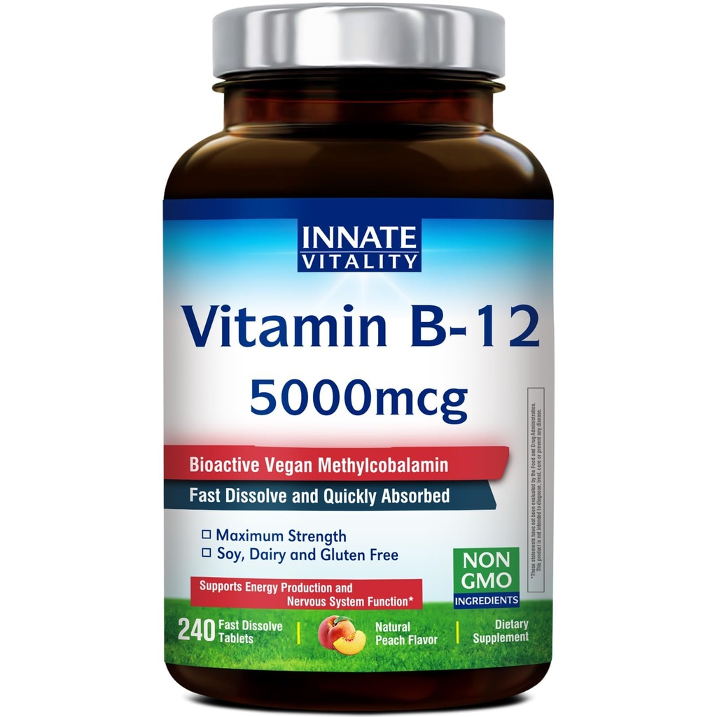 Vrodený vitality Vitamín B12 5000mcg, Sublingválny, Vegan Metylkobalamín, rýchle rozpustené tablety, prírodná broskyňová príchuť, podporuje výrobu energie a zdravý nervový systém, 240 tabliet