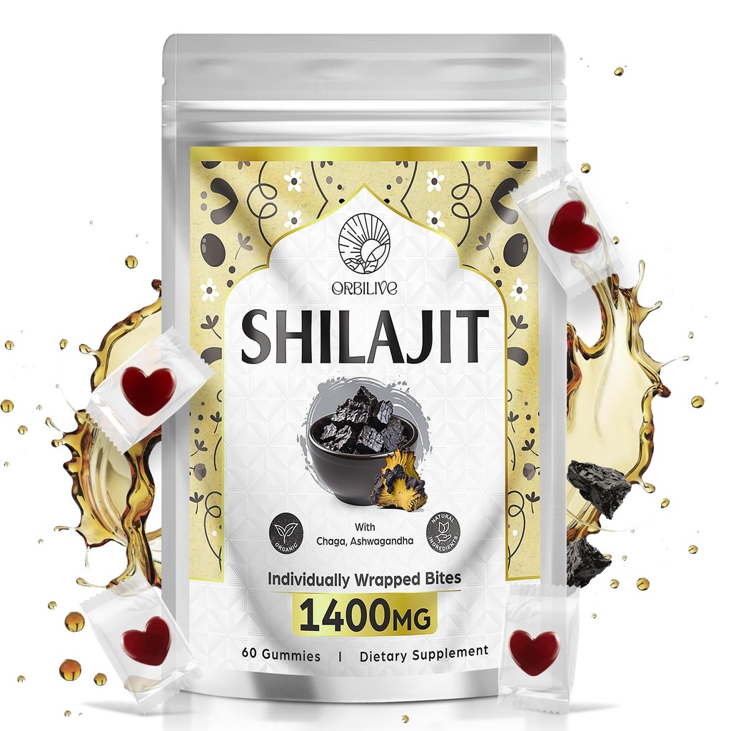 1400 MG Shilajit Gummies, Shilajit Pure Himalayan Organic Gummies with Ashwagandha, Himalayan shilajit for Men, 85+ Stopové minerály a kyselina fulvová, individuálne zabalené, bez cukru, 60 počítanie