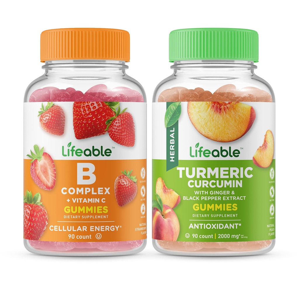 Životaschopný B komplex + kurkumín, Gummy Bundle - veľké ochutnávky, vitamínové doplnky, bez lepku, bez GMO, bez žuvania