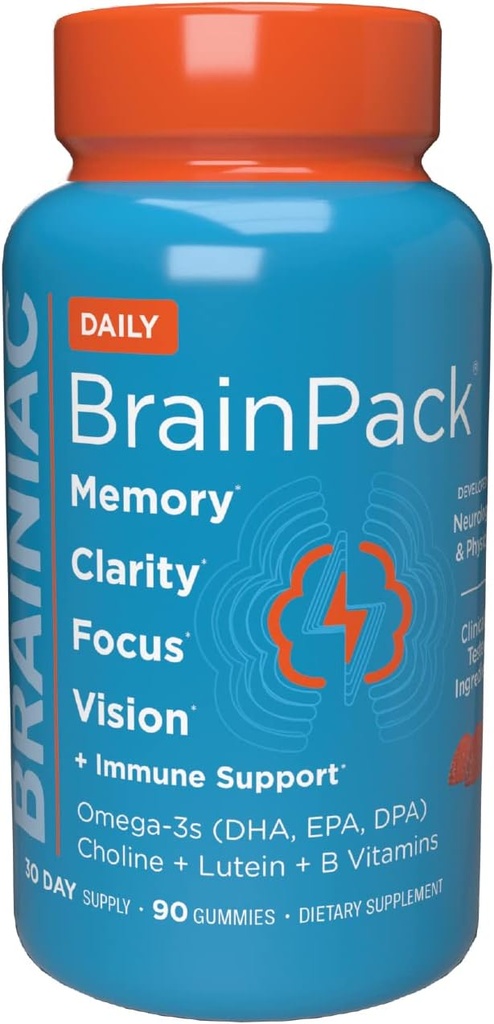 Brainiac Daily BrainPack Gummies, podporuje zdravie mozgu s Omega 3 DHA EPA DPA, Choline, B6 & B12 a lutein pre zdravie očí s imunitnou podporou, Citrus Berry Flavor, 90 ct