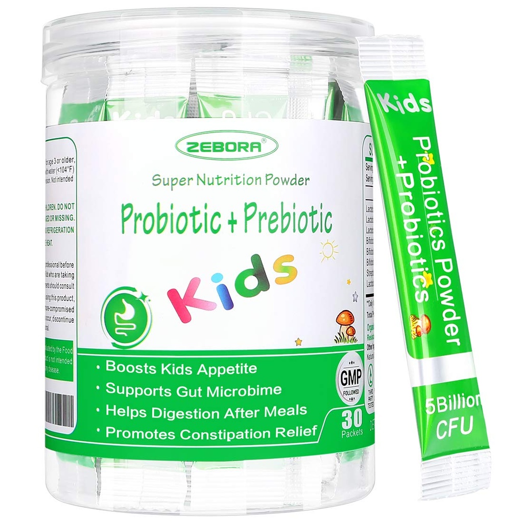 ZEBORA Deti Probiotiká a prebiotiká Prášok Vek 3+ Podpora Detský tráviaci a imunitný systém s prírodným zdrojom, Podporuje Zápcha Relief, non-GMO, Gluten-free, 30 paketov s 5 miliárd CFU